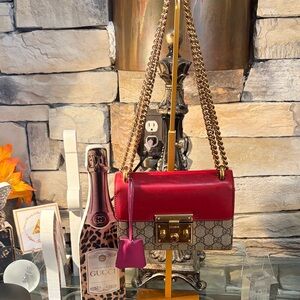 Gucci Padlock Red and Beige Coated Canvas Crossbody Bag with Gold Chain